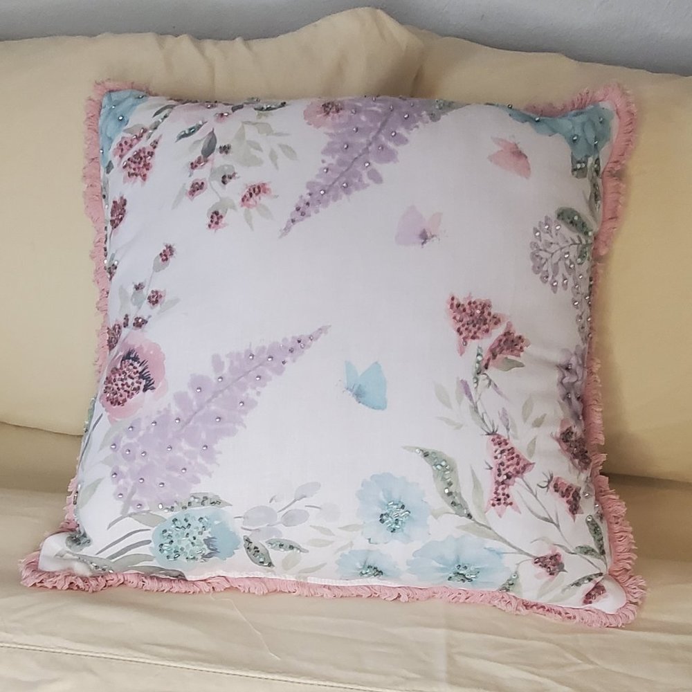 Beaded Floral Decorative Pillow